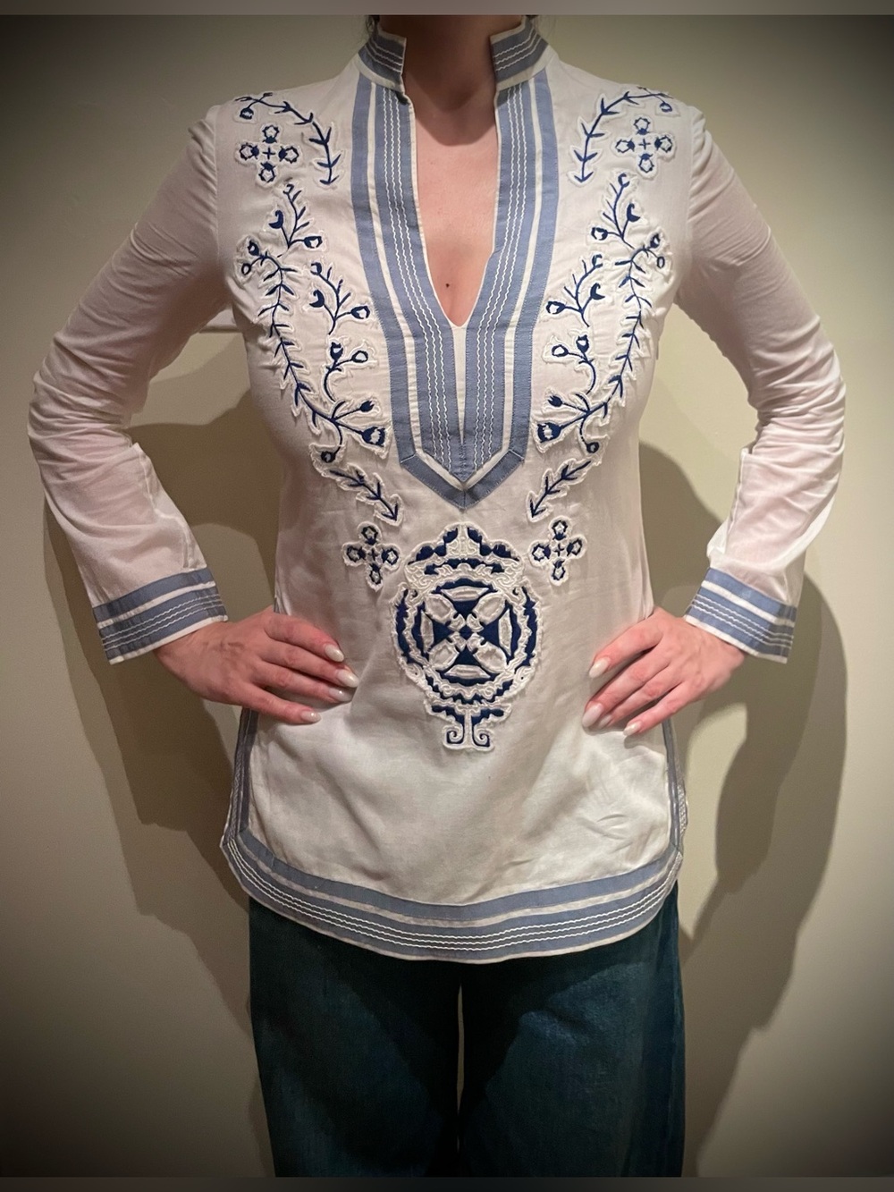 Tory Burch White Tunic with Navy Embroidery